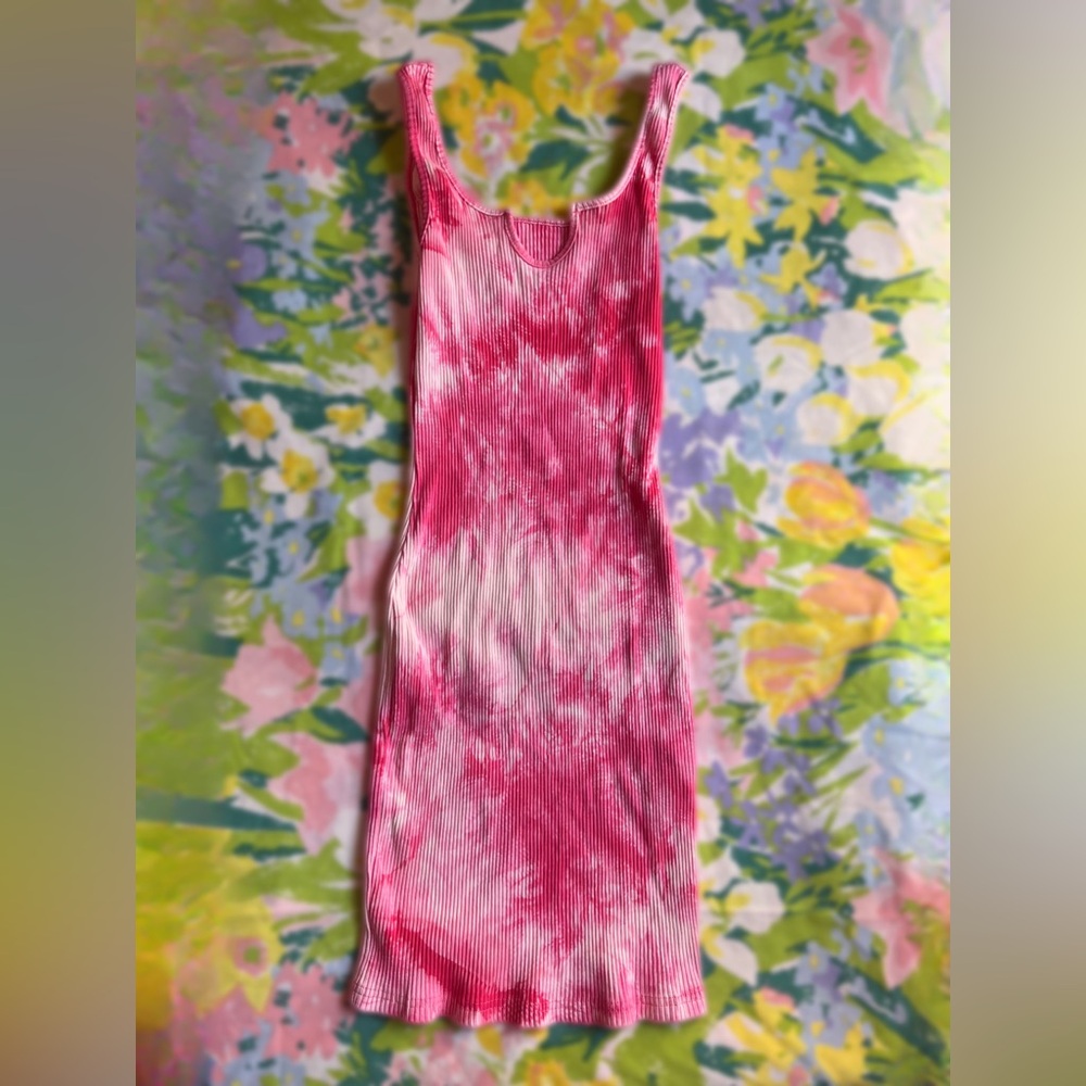 SHEIN Pink Ribbed Tie-Dye Tank Dress